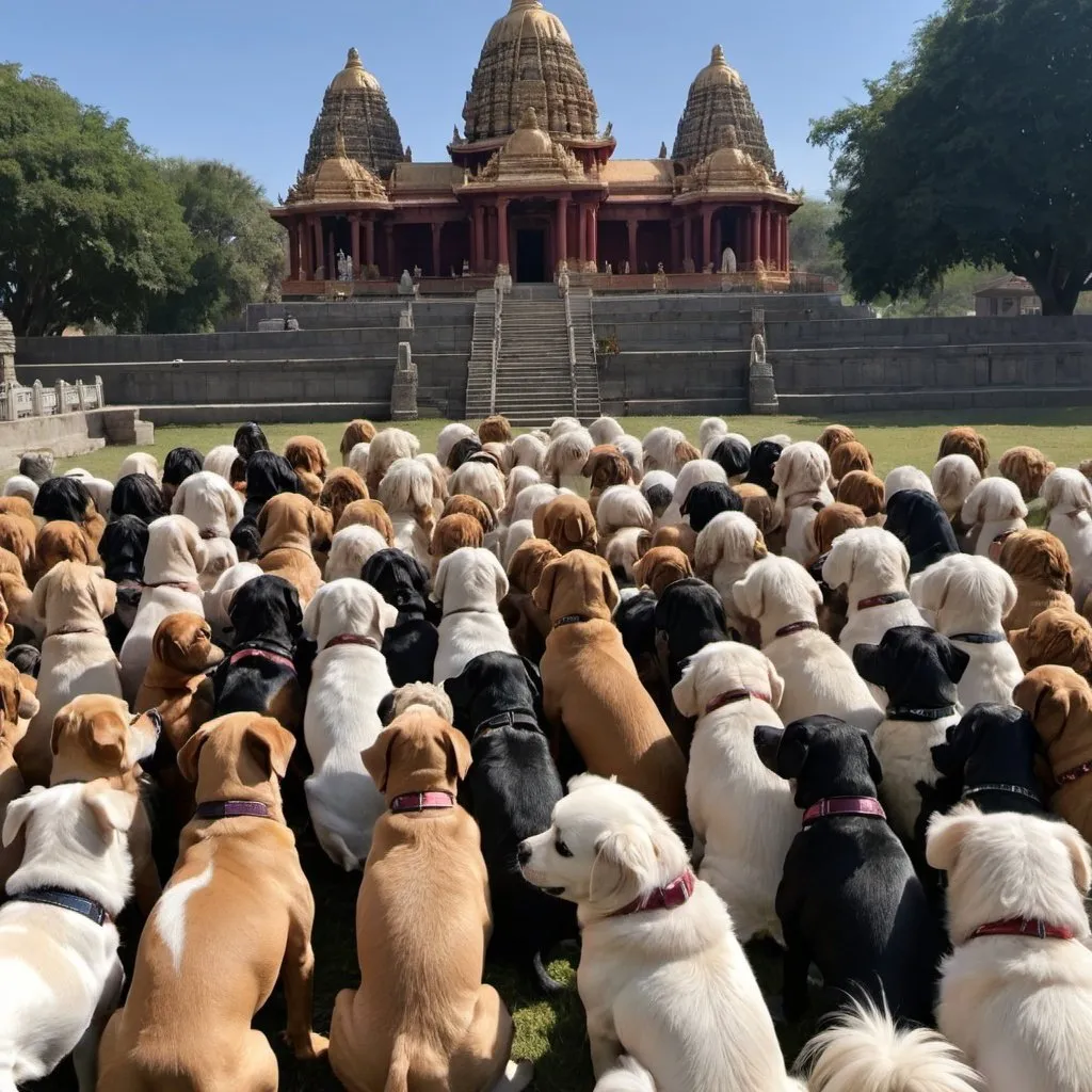 Prompt: show hundreds mucks of dogs with temples in the back grounds