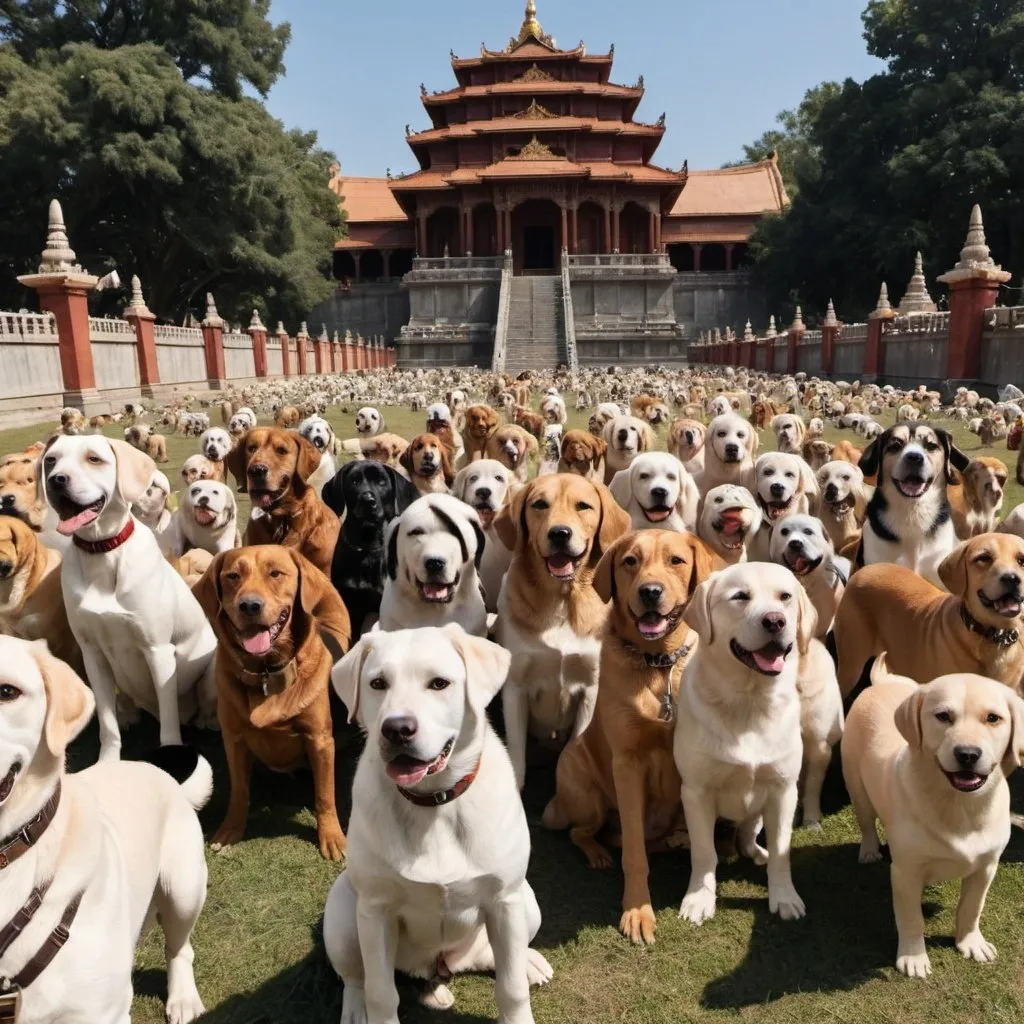 Prompt: show hundreds mucks of dogs with temples in the back grounds