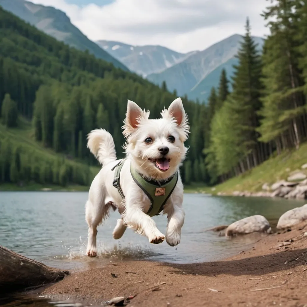 Prompt: A small white dog running over a forest with all montains around a lake.