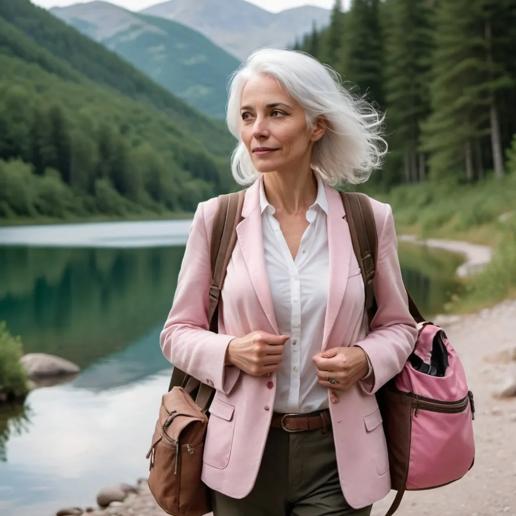 Prompt: A woman in her 40s, white hair with pink details on it,  white skin, brown eyes, sport elegant style walking into the forest with mountains and lake around with her camera hungind and a bag