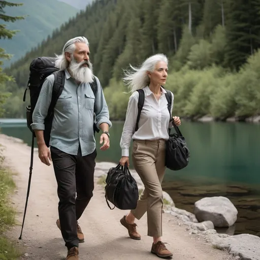 Prompt: A woman in her 40s, white hair with white skin, brown eyes, sport  style and a man 40s, black hair with black long  beard, elegant style walking into the forest with mountains and lake around with her camera hungind and a bag