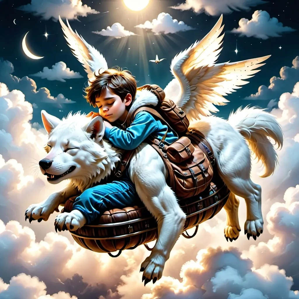 Prompt: A boy asleep on the back of a furry creature flying above the clouds at night. Thr atmosphere is calm and peaceful.