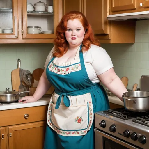 Prompt: Plump curvy broad obese vintage redhead cooking with just her apron on skin tone underneath the apron
