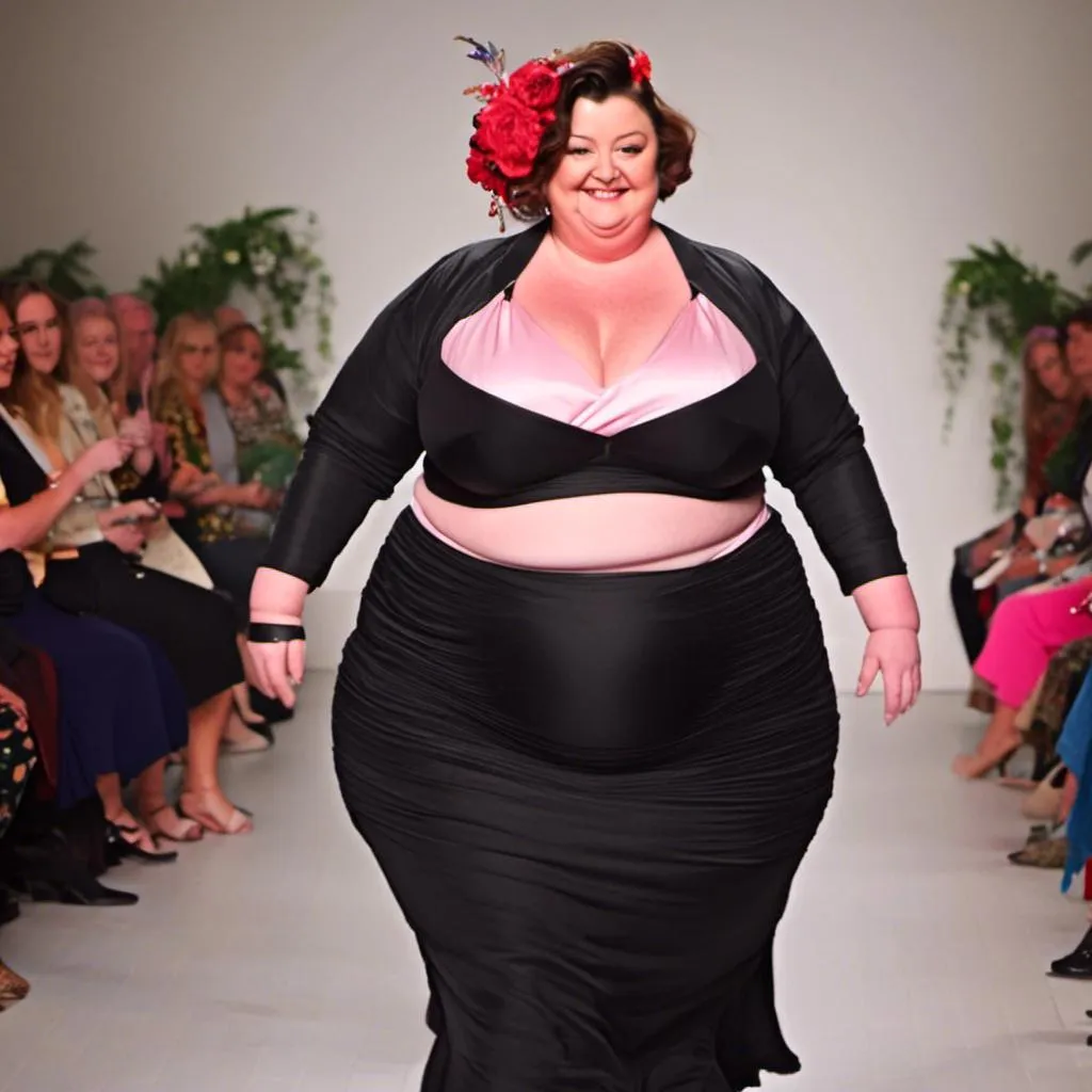 Prompt: <mymodel> super sized plump woman with  dark hair walking down runway at fashion show 