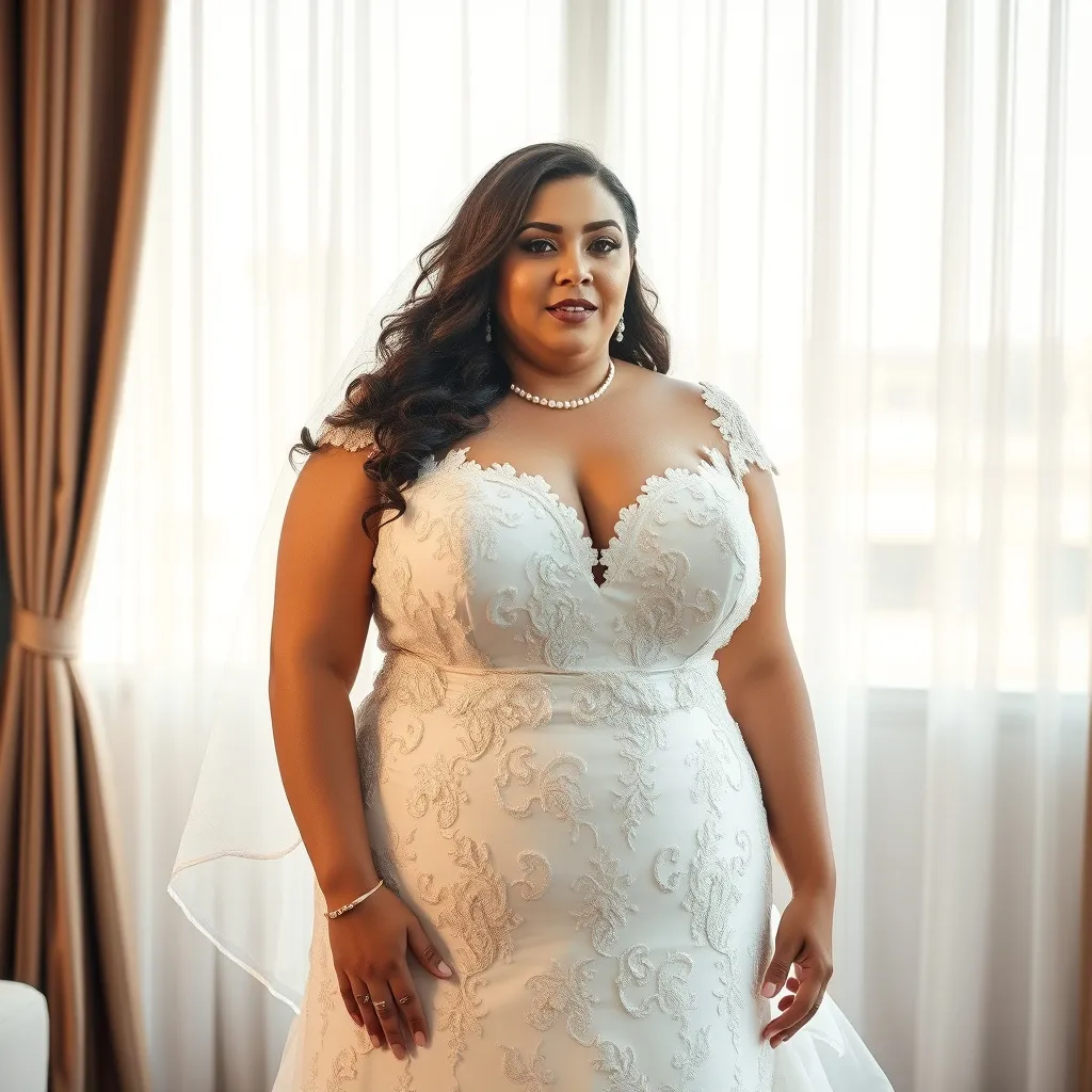 Prompt: Plump plus size woman in a fancy wedding dress 