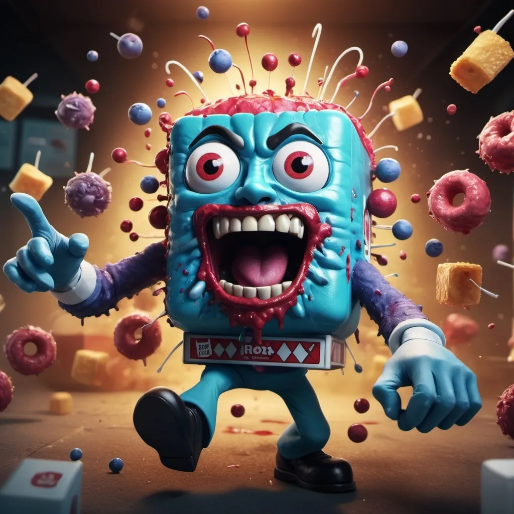 Prompt: Jack in the Box mascot getting beat up by monster antibodies 