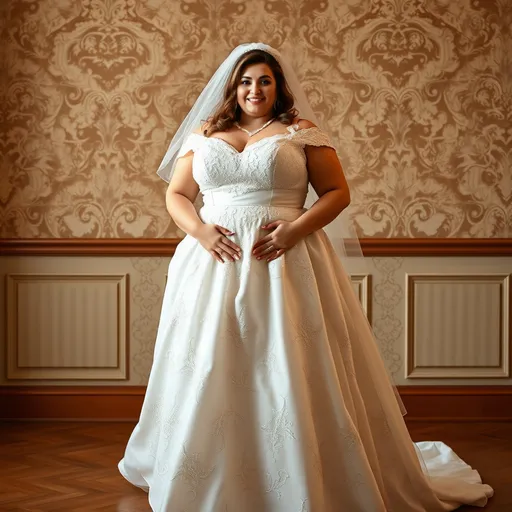 Prompt: Plump plus size woman in a fancy wedding dress 