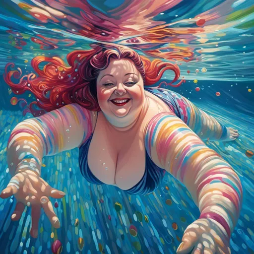 Prompt: <mymodel>(beautiful plus size woman swimming underwater), vibrant colors, shimmering water reflections, (captivating serenity), joyful expression, soft ripples surrounding her, detailed water droplets, sunlight filtering through, ultra-detailed, high-definition, tranquil atmosphere, inviting blue tones, lush pool surroundings, harmonious composition, mesmerizing underwater scene, graceful movements.