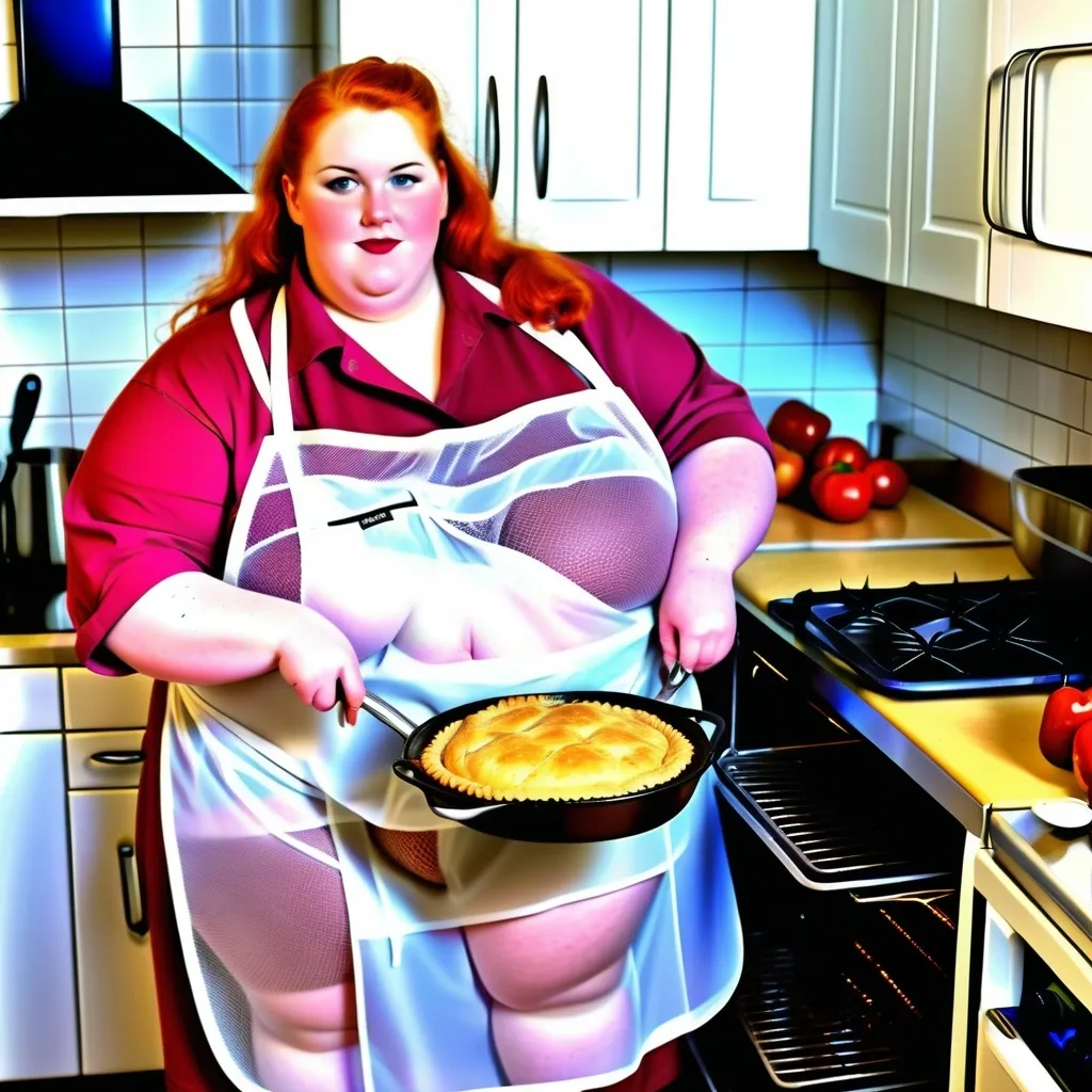 Prompt: Plump curvy broad obese gigantomastia redhead cooking with her white mesh see through chefs apron on skin underneath the apron wearingmesh undergarment getting a pie out of the oven 

