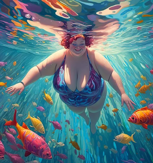 Prompt: <mymodel>(beautiful plus size woman swimming underwater), vibrant colors, shimmering water reflections, (captivating serenity), joyful expression, soft ripples surrounding her, detailed water droplets, sunlight filtering through, ultra-detailed, high-definition, tranquil atmosphere, inviting blue tones, lush pool surroundings, harmonious composition, mesmerizing underwater scene, graceful movements.