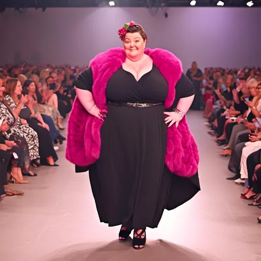 Prompt: <mymodel> super sized plump woman with  dark hair walking down runway at fashion show 