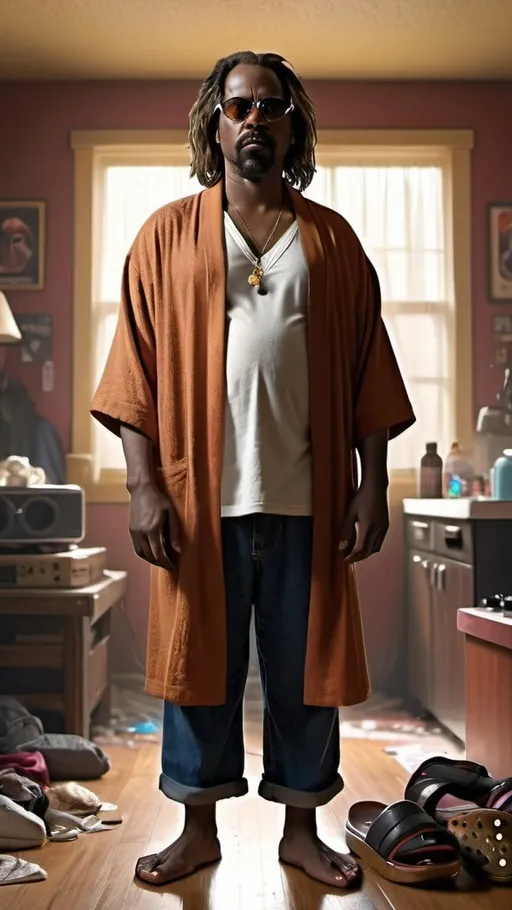 Prompt: (Black American musician Conway the Machine standing in the middle of a messy disheveled dreary, wearing robe, v-neck tee, boxer shorts, slippers as the big lebowski photorealistic, cinematic lighting, dramatic shadows, vibrant color scheme, relaxed and chill atmosphere, messy living room background, cluttered with various items, high quality, ultra-detailed, 4K, expressive face showing nonchalant attitude, natural pose, capturing essence of both characters, blending hip-hop and laid-back vibes.