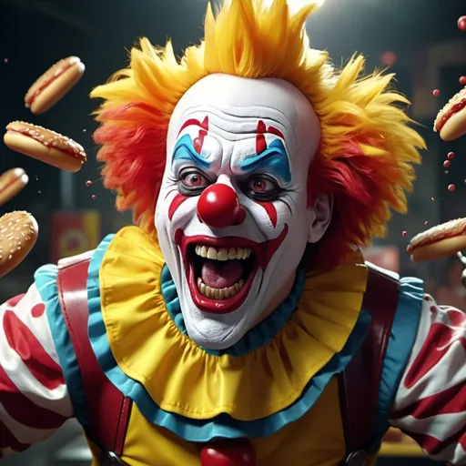 Prompt: Fast food clown mascot getting beat up by antibodies 