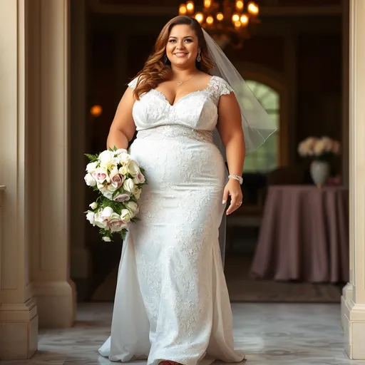 Prompt: Plump plus size woman in a fancy wedding dress 