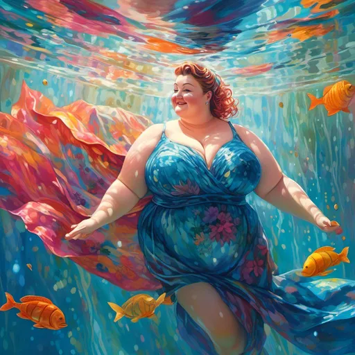 Prompt: <mymodel>(beautiful plus size woman swimming underwater), vibrant colors, shimmering water reflections, (captivating serenity), joyful expression, soft ripples surrounding her, detailed water droplets, sunlight filtering through, ultra-detailed, high-definition, tranquil atmosphere, inviting blue tones, lush pool surroundings, harmonious composition, mesmerizing underwater scene, graceful movements.