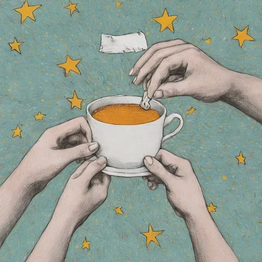Prompt: Pop art,communtiy of hands trying to fix a tea cup with paper stars