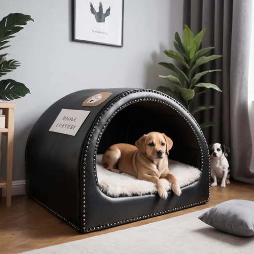 Prompt: little chester bed for dogs on a living room with a kid and some decoration, black color, leather