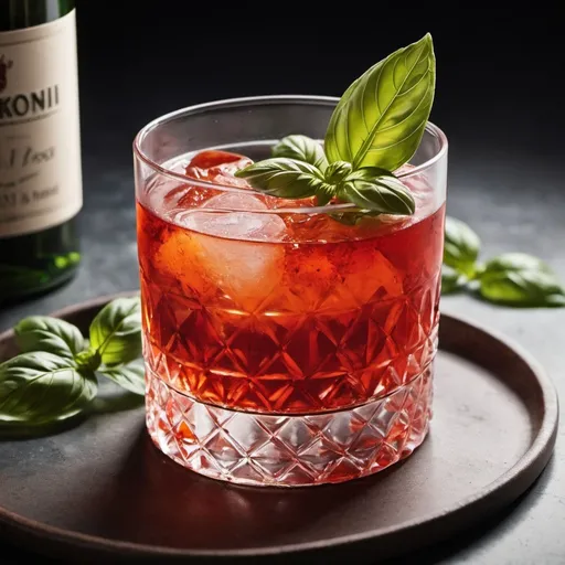 Prompt: Create an image that combine a cocktail negroni and basil pesto
