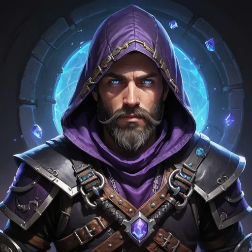 Prompt: Aust, (leader of the thieves guild), dressed in black and dark purple-trimmed leather armor, showcasing woven Mitchell chain accents, wielding a sleek 3-bladed retractable gauntlet in his right hand, a small grappling hook gauntlet on his left. His hooded cloak conceals a sturdy frame; ice blue eyes shine from beneath, his beard framing his face. Surrounded by (fantasy RPG elements), 8 colorful ioun stones orbit around him. Dynamic, vibrant gameplay aesthetic, (highly detailed), (dark and mysterious atmosphere), (4K).