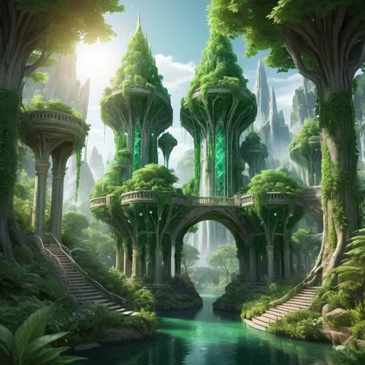 Prompt: (Elven emerald forest kingdom), exquisite jeweled city, breathtaking hanging gardens, towering mythical trees, (elegance and grace), enchanting atmosphere, vibrant greens, sparkling gems among greenery, crystalline streams flowing through, majestic architecture blending nature and fantasy, high-quality 4K, ultra-detailed surroundings, serene and magical vibe, light filtering through leaves, evoking a sense of wonder and tranquility.