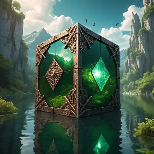 Prompt: gargantuan (metal fantasy cube), colossal size, (12000 ft tall 6000 ft wide 24000ft deep), serene lake backdrop, lush green foliage surrounding, mystical atmosphere, medieval RPG vibe, enchanting details, birds flying overhead, soft reflections on water, high depth, ultra-detailed, (dungeons and dragons style), vibrant colors, captivating fantasy landscape, whimsical elements, enchanting lighting.