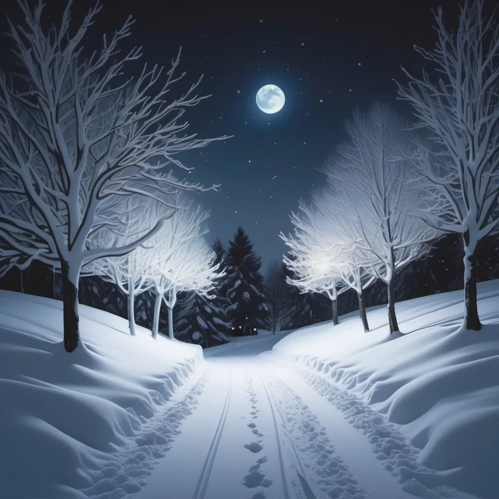 Prompt: Aesthetically pleasing snow scenery at night for album cover art