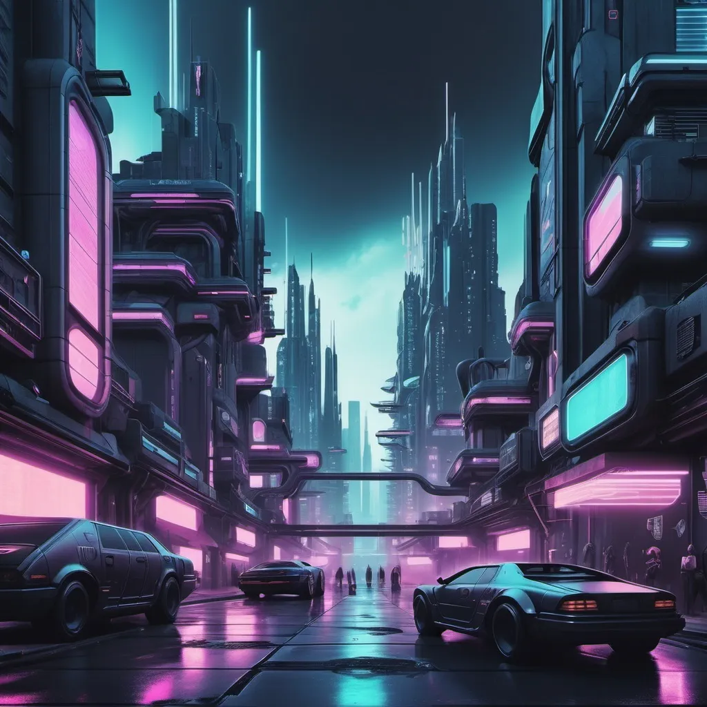 Prompt: Aesthetically pleasing futuristic cyber punk city setting for album cover art