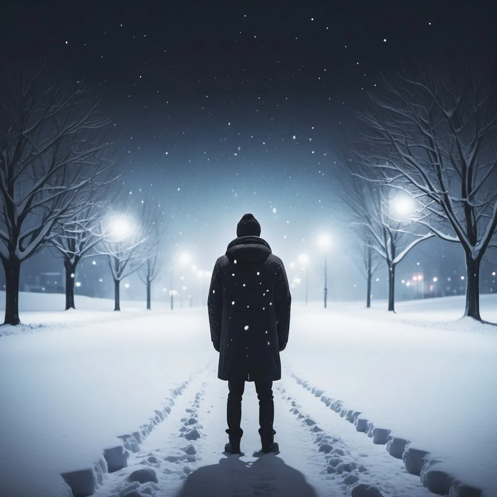 Prompt: Aesthetically pleasing snow scenery at night with lonely looking man in the middle for album cover art