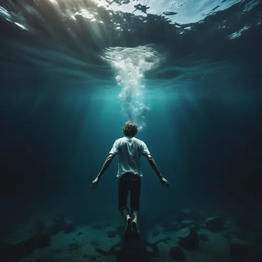 Prompt: Aesthetically pleasing underwater picture of a Guy that is far away Sinking into the ocean for album cover art