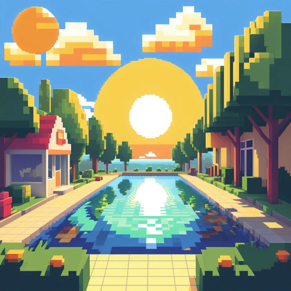 Prompt: Pixel art of a sunny day for album cover art