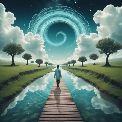 Prompt: A surreal image showcasing a person walking on a pathway that seamlessly transforms into a river. The surroundings blend dreamlike elements, such as floating islands and a sky filled with both stars and clouds. The text overlay reads 'Creative Photo Manipulation' in a bold, imaginative font.