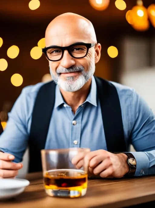 Prompt: 49 years old half bald man with glasses, whiskey glass on coffee table