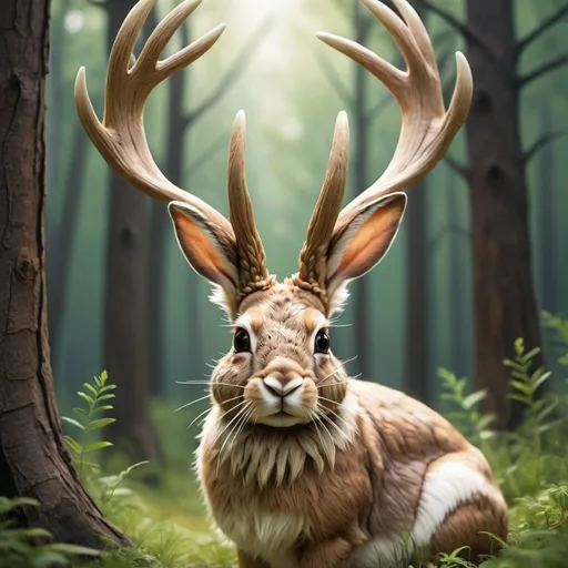 Prompt: "Create an image of a Jackalope, a mythical creature that looks like a rabbit with antelope horns. The Jackalope should be in a natural setting, like a forest or a meadow, with realistic fur and detailed antlers. The background should be vibrant, with a clear sky and lush greenery."