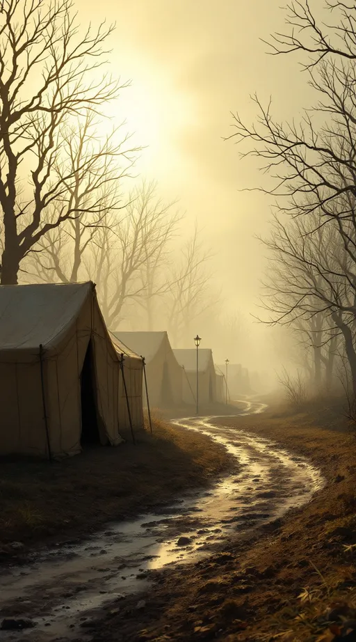 Prompt: A World War 1 era scene with a muddy path curving to the right, simple war tents replacing kiosks, barren trees, and thick fog in the background. Faint golden light shines through the haze. Natural cinematic anime style inspired by Makoto Shinkai. No people, no text, no weapons.