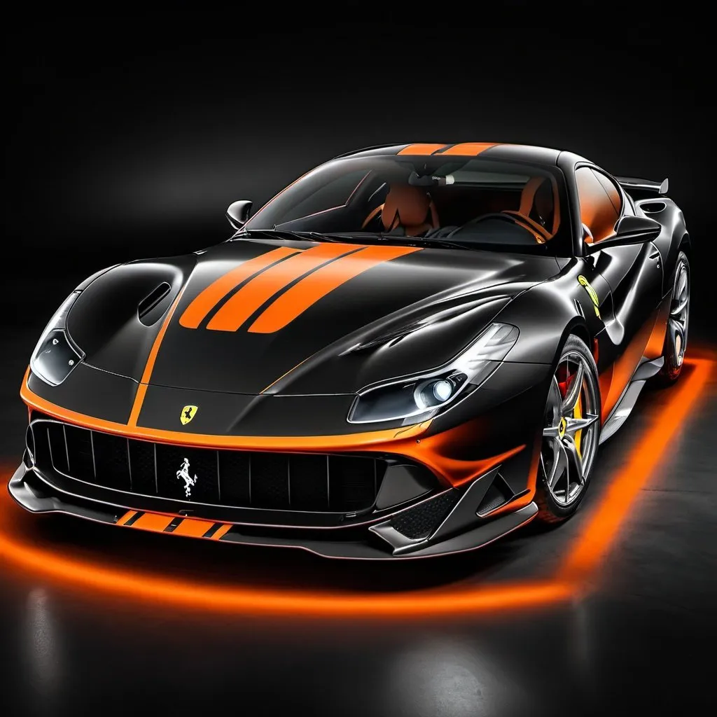 Prompt: pfp of ferrari 812 competizione the main colour being black. Orange stripes and orange neon underglow lights under the car.