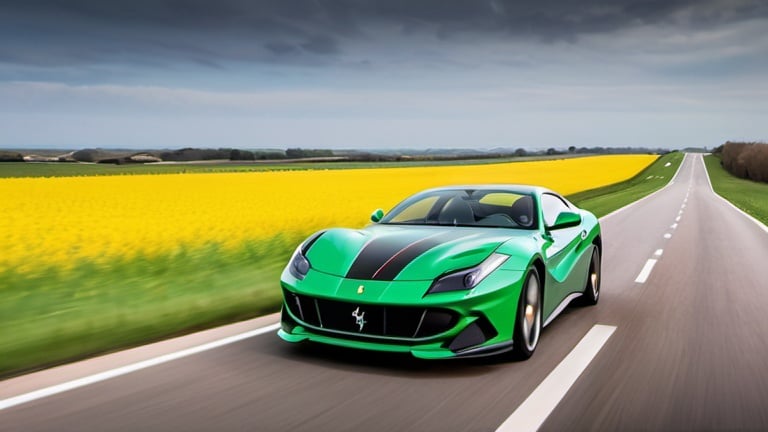 Prompt: Wallpaper of green and black striped Ferrari 812 Competizione driving on a long road at noon as if its driving into the camera close to camera