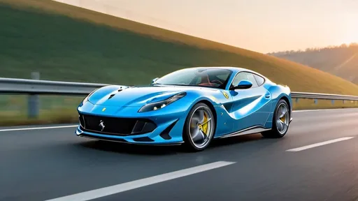 Prompt: light blue ferrari 812 competizione driving on a highway in morning vibrant sunlight