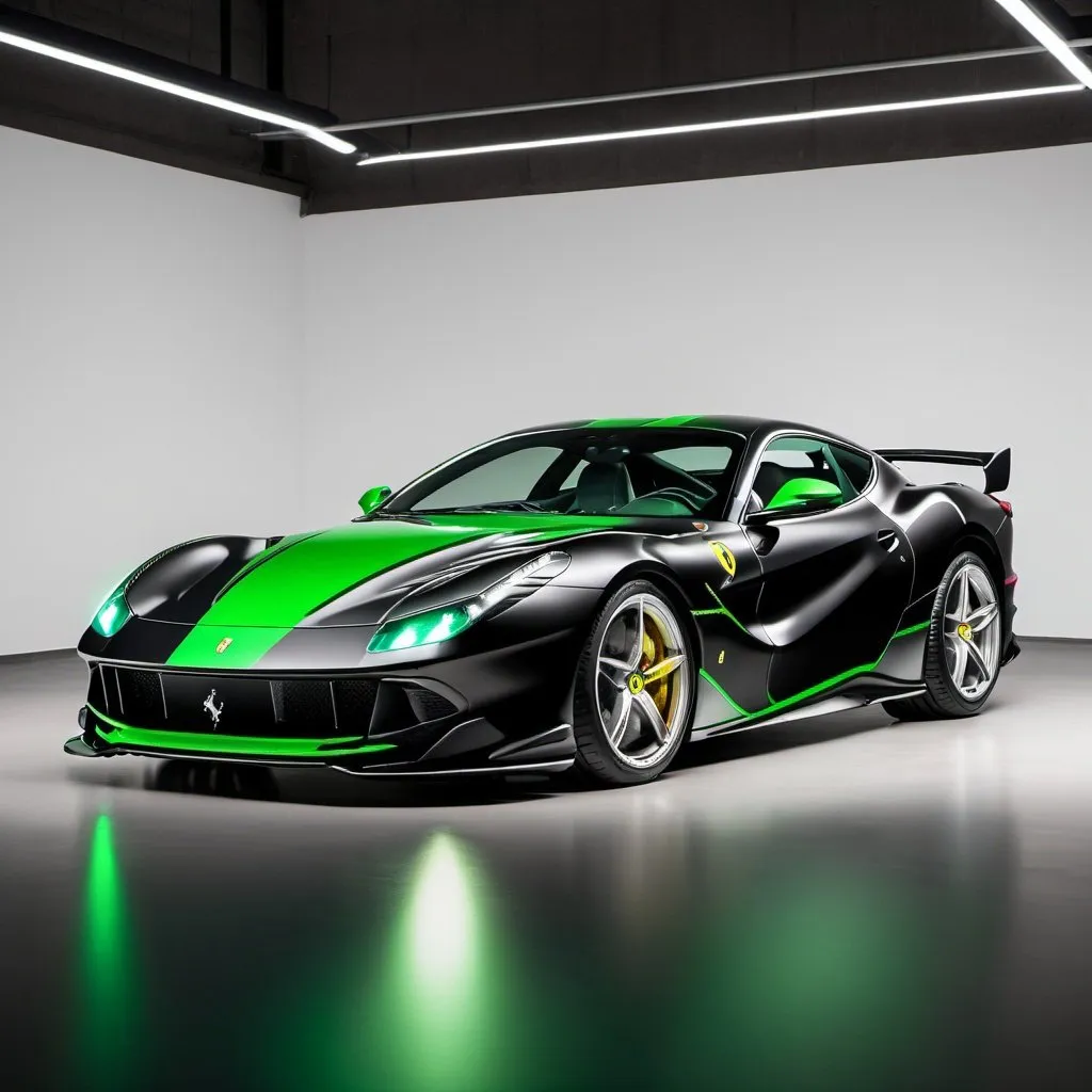 Prompt: pfp of the front and left side view of a ferrari 812 competizione the main colour being black. green stripe and green neon underglow lights under the car.