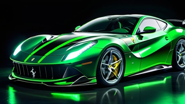 Prompt: Epic wallpaper of Ferrari 812 Competizione, black main body, green stripes and effects, green neon underglow lights, high-res, detailed, realistic, luxury car, sleek design, professional, dramatic lighting, cool tones, futuristic