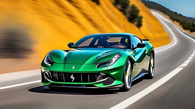 Prompt: Green and black Ferrari 812 Competizione, driving on a long road at noon, close-up zoomed-in view, high-res, detailed, realistic, racing car, black striped design, front and left view, bright daylight, dynamic motion blur, professional rendering, vibrant colours