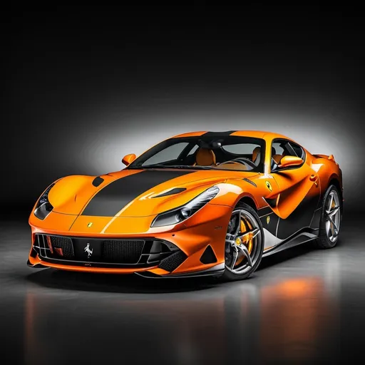 Prompt: pfp of ferrari 812 competizione with main colour black and orange stripes with orange neon lights on the bottom of the car on all sides