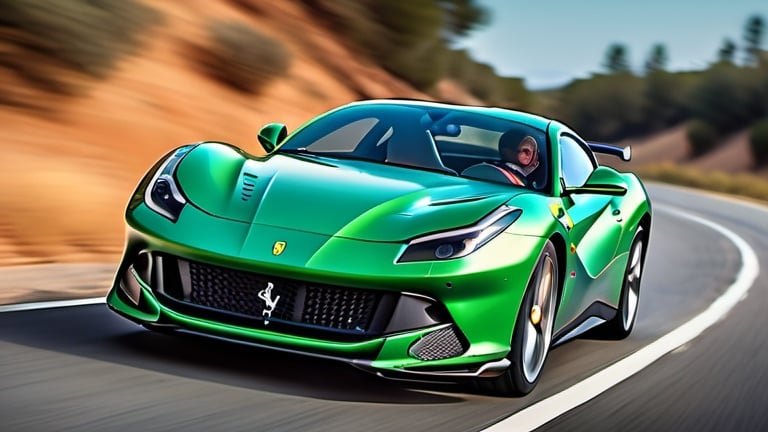 Prompt: Green Ferrari 812 Competizione, driving on a long road at noon, close-up zoomed-in view, high-res, detailed, realistic, racing car, black striped design, front and left view, bright daylight, dynamic motion blur, professional rendering, vibrant colours