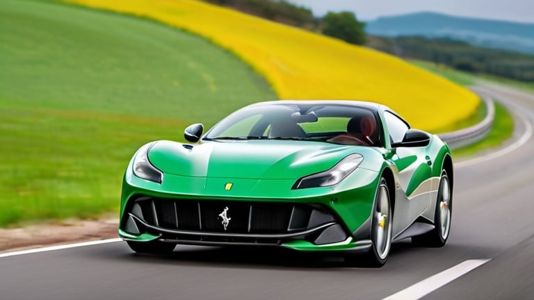 Prompt: Wallpaper of green and black striped Ferrari 812 Competizione driving on a long road at noon as if its driving into the camera close to camera car is zoomed in to fit full image front and left view of car

