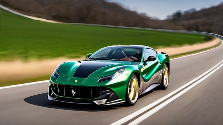 Prompt: Wallpaper of green and black striped Ferrari 812 Competizione driving on a long road at noon as if its driving into the camera close to camera a bit zoomed in