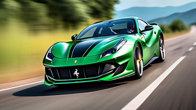 Prompt: Green and black Ferrari 812 Competizione, driving on a long road at noon, close-up zoomed-in view, high-res, detailed, realistic, racing car, black striped design, front and left view, bright daylight, dynamic motion blur, professional rendering, vibrant colours