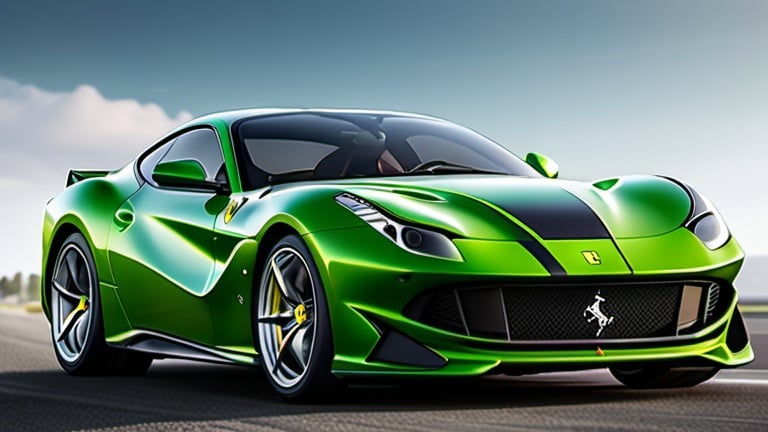 Prompt: Green and black Ferrari 812 Competizione, driving on a long road at noon, close-up zoomed-in view, high-res, detailed, realistic, racing car, black striped design, front and left view, bright daylight, dynamic motion blur, professional rendering, vibrant colours Image straight not tilted up or down