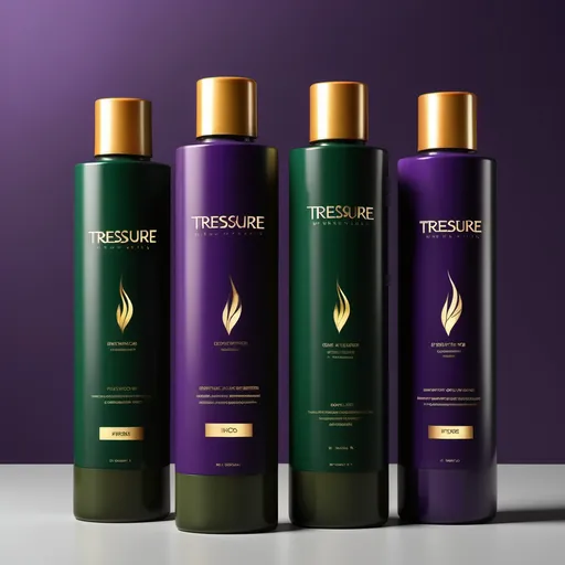 Prompt: Generate picture of Tressure product ( 3 models of hair care products: hair color ( 100 ml ) , developer activator ( 1liter ) , shampoo (1litter ) ) with dark purple based and combination of dark green and gold. With no logo just font type Tressure. Luxury , e-co friendly and sustainable style