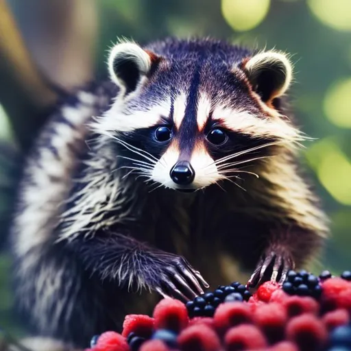 Prompt: a detailed little raccoon looking creature, that also looks to be a hybrid, munching on some berries he found in an ancient forest