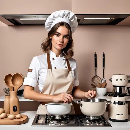 Prompt: A girl chef with smeg accessories beige color with brown hair and cooking uniform