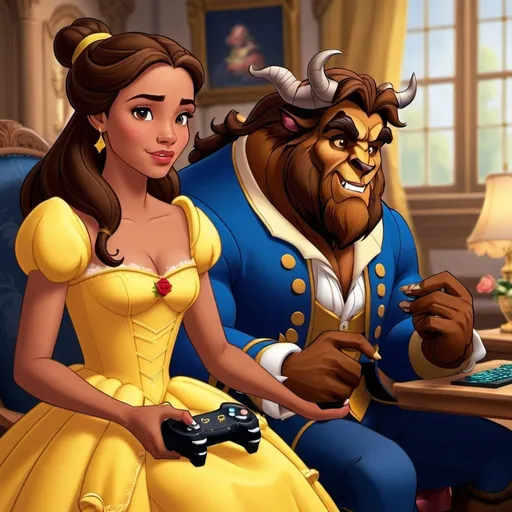 Prompt: Beauty and the beast playing video games. Make belle brown skinned 